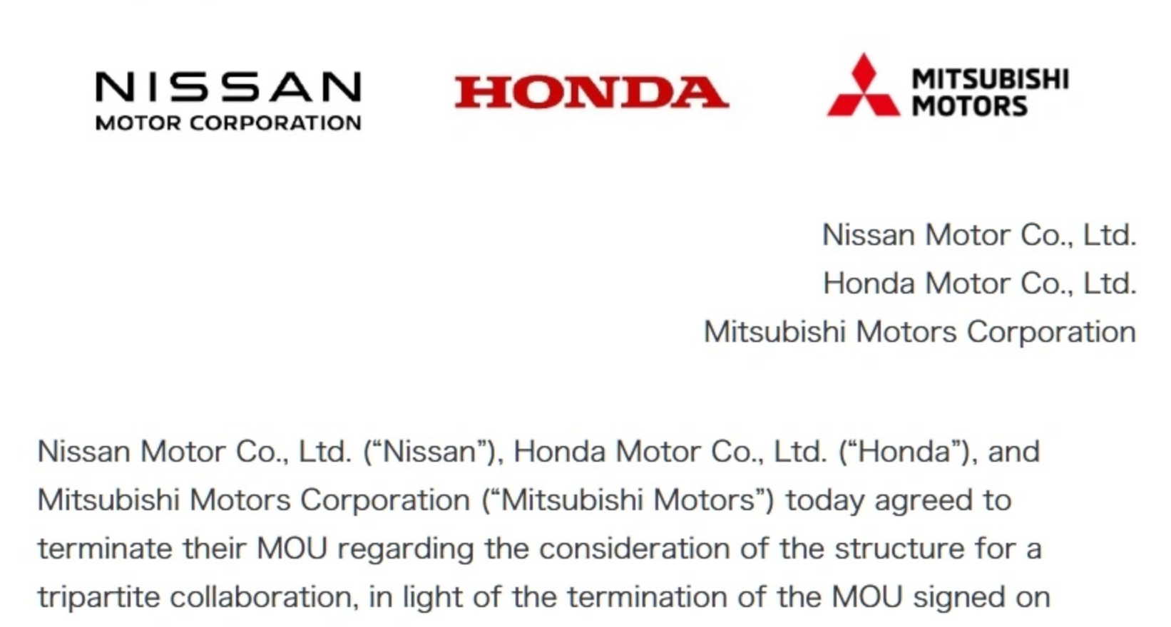 Nissan, Honda и Mitsubishi Motors объявили о расторжении Меморандума о ...