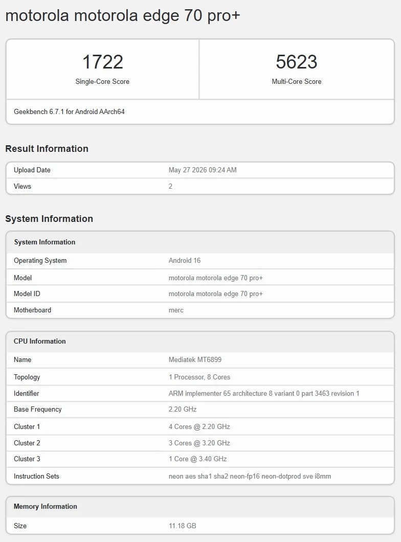 Motorola Edge 70 Pro+ засветился в Geekbench: Android 16 и 12 ГБ ОЗУ